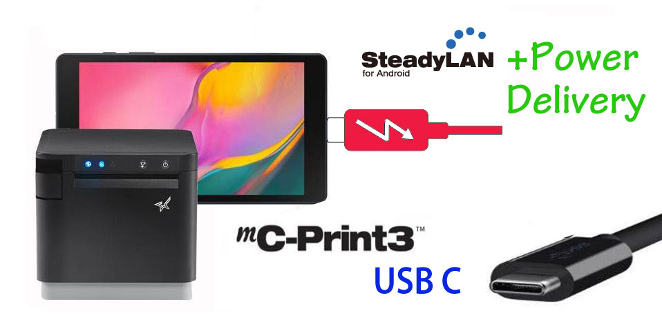 Star mC-Print3™ MCP31C 系列能够与安卓设备和Windows平板进行快速充电及通讯，并能够以有线连接上互联网
